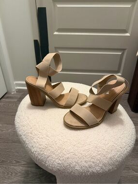 Soda Nude Beige Elastic Strap Block Heel Sandals